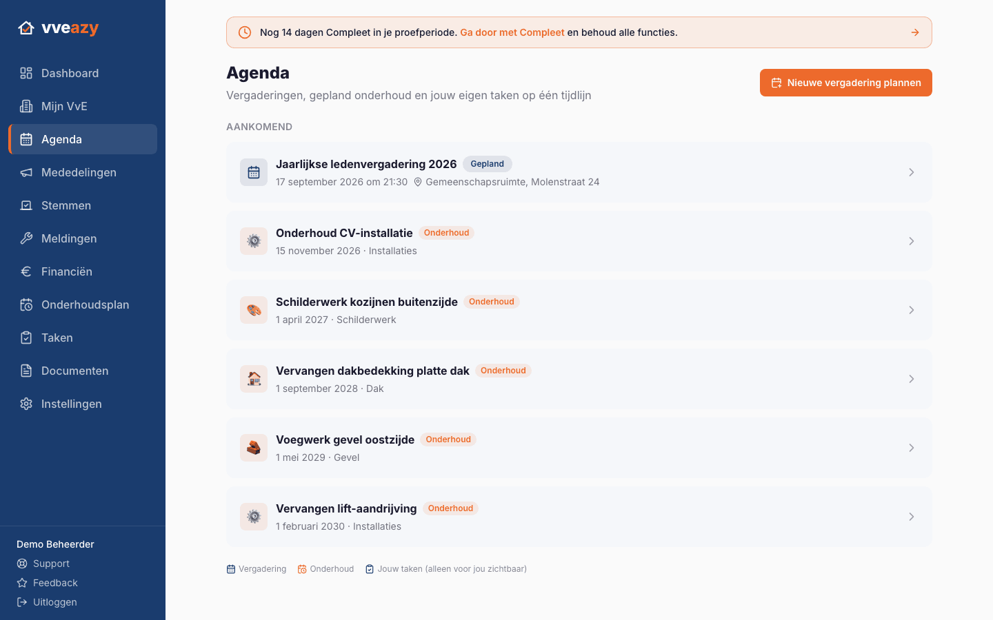 Agenda met een geplande ledenvergadering en de agendapunten die automatisch in de notulen komen