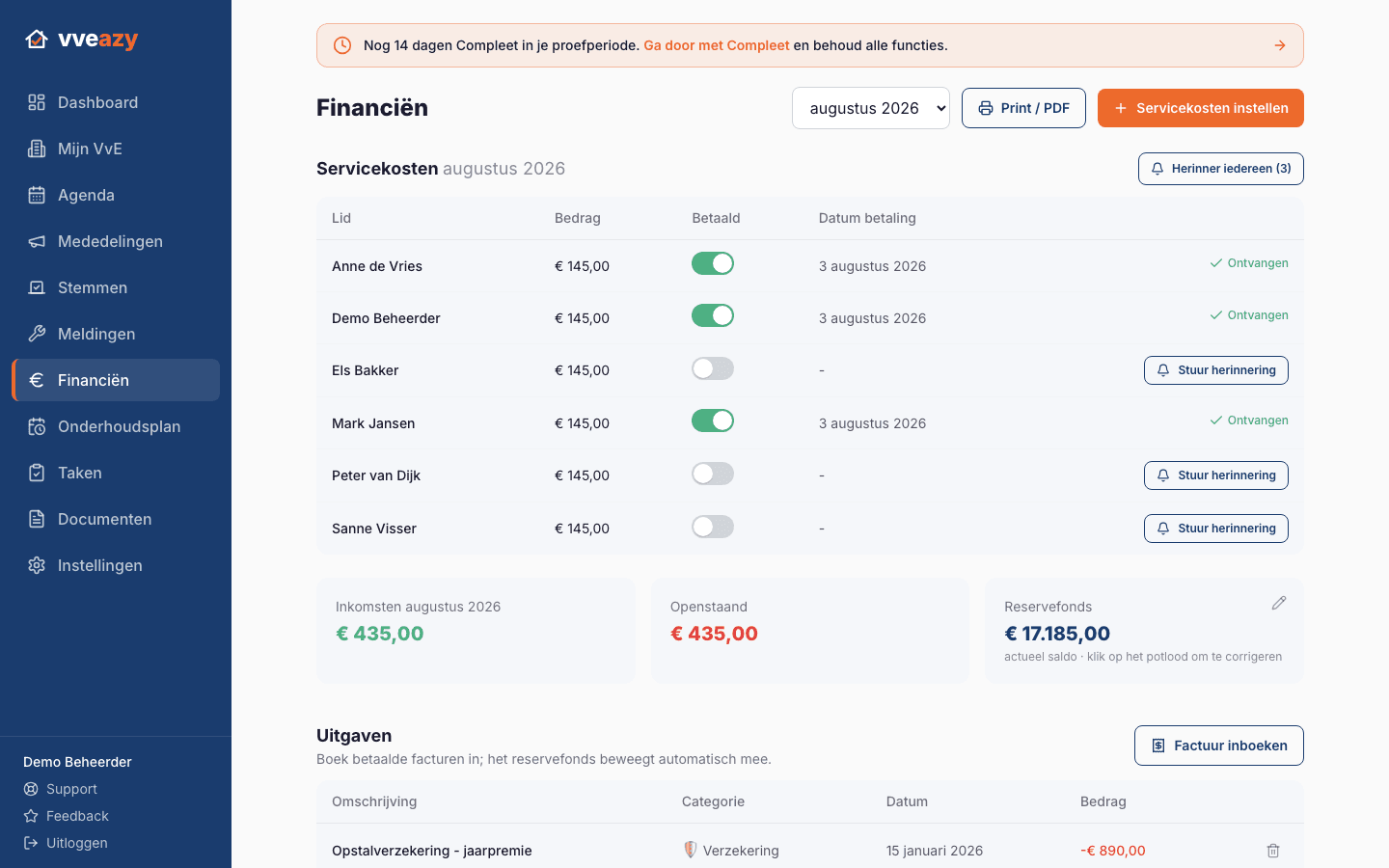 Servicekosten-overzicht in vveazy: per lid zien wie betaald heeft, met openstaand bedrag en reservefonds